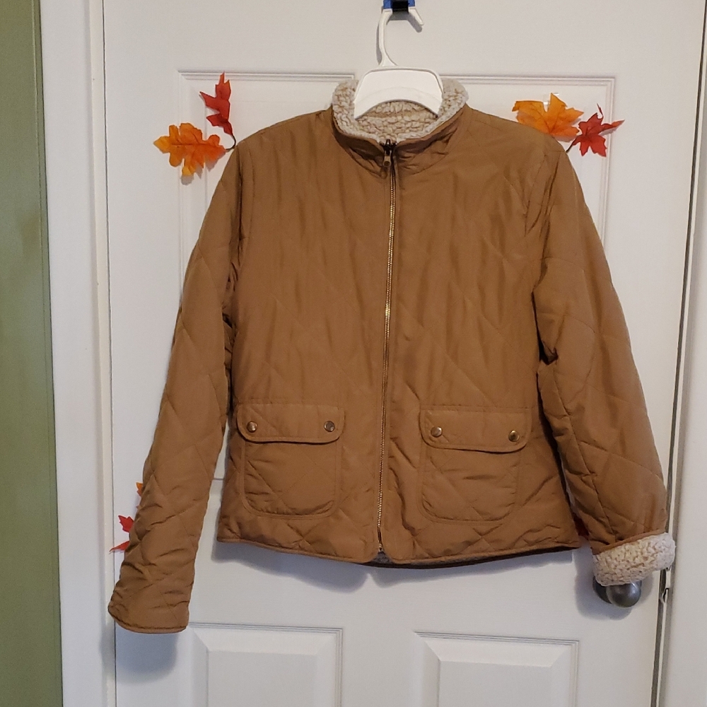 Reversable Love Tree Tan Quilted Jacket with Cozy Collar